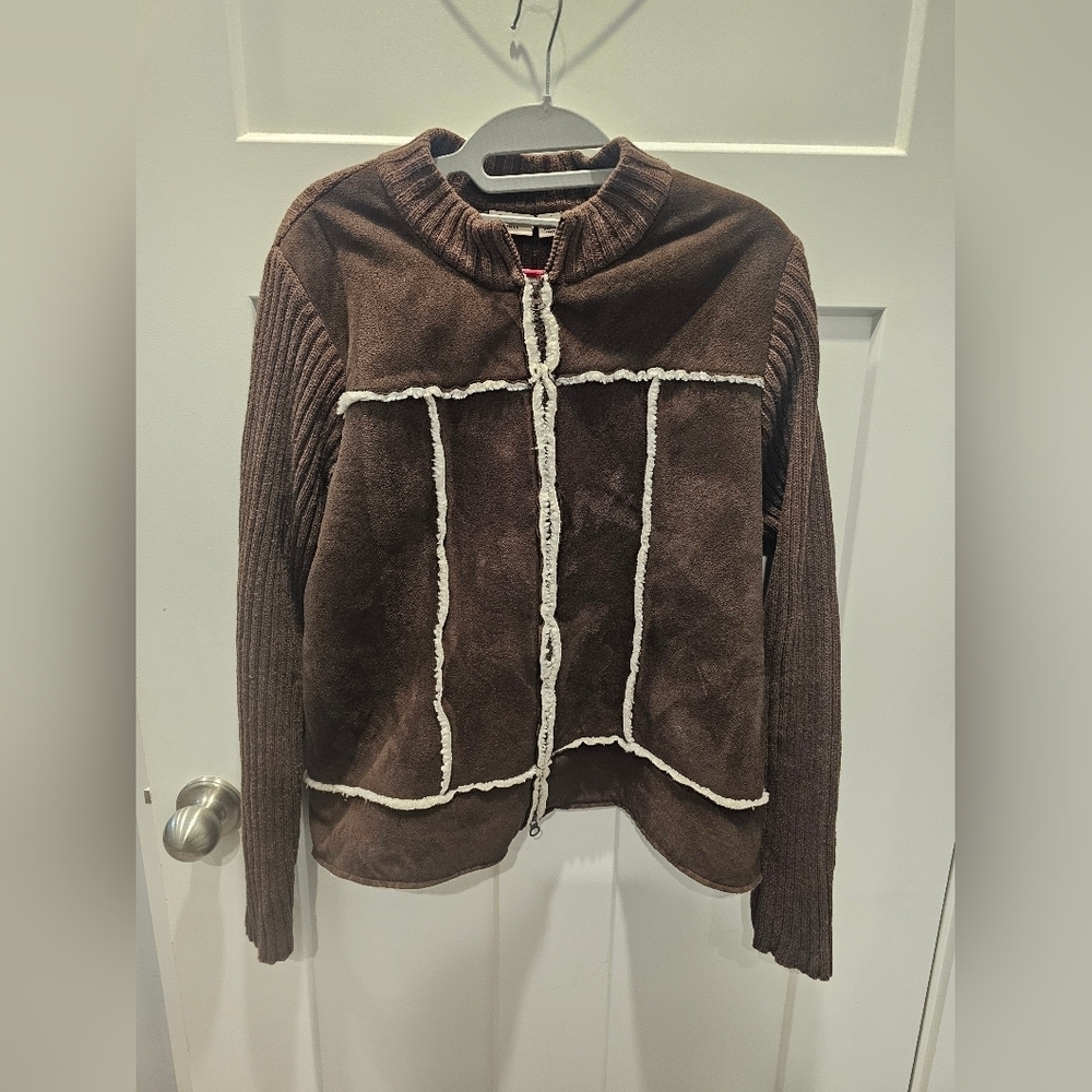 Cato Woman 18/20W Brown Sherpa Lined Faux Suede Jacket Knit Sleeves Plus Size